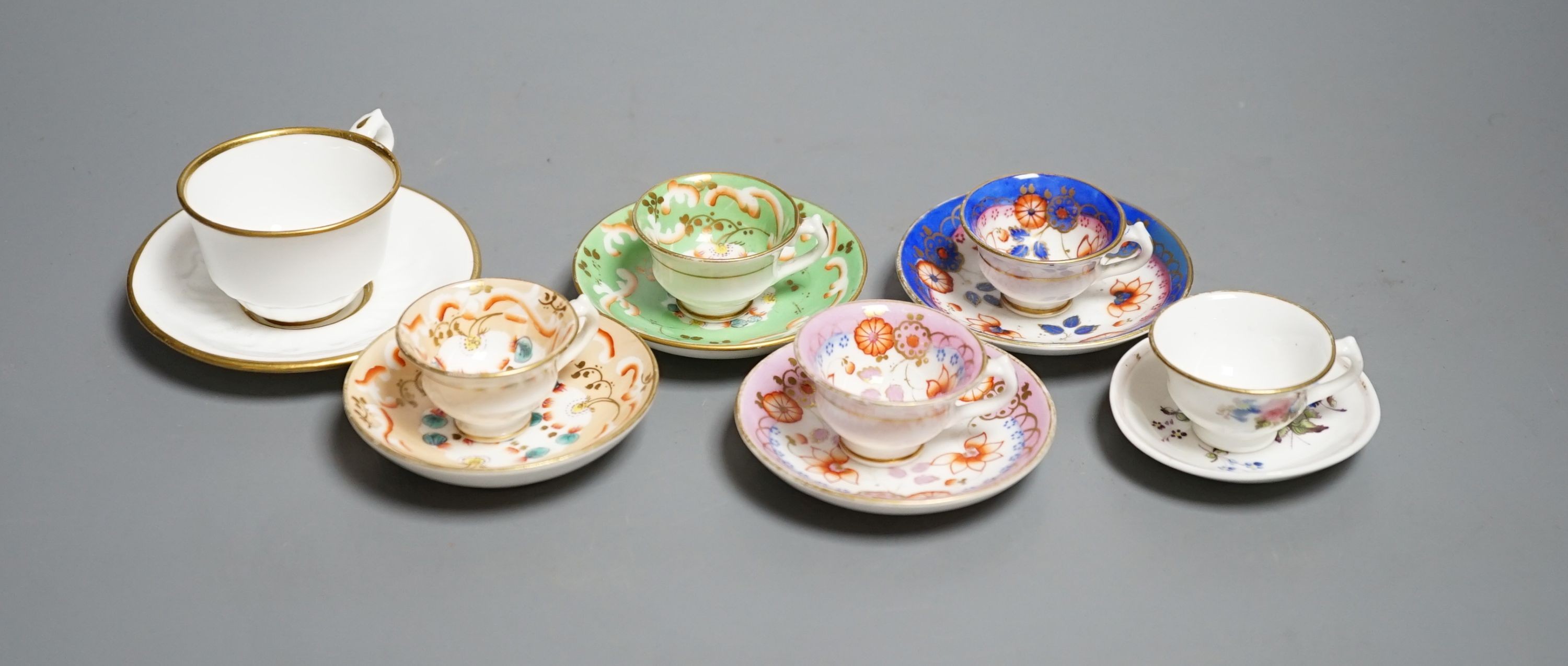 Five Staffordshire miniature teacups and saucers, possibly Alcock and a Hicks & Meigh miniture teacup and saucer, c. 1820. Provenance - Mona Sattin collection of miniature cups and saucers, collection no.s 135, 138-141,